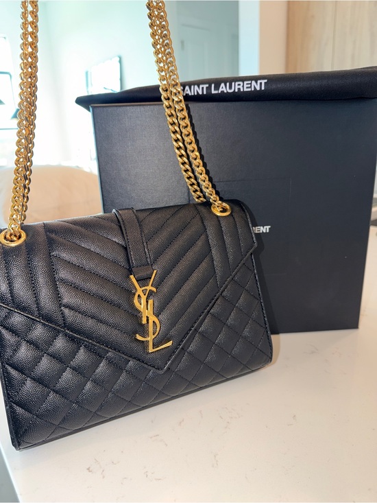 Saint Laurent Handbags - AUTHENTIC YSL Envelope Triquilt Medium Shoulder Bag in Black Grained Leather.